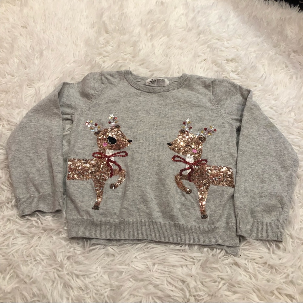 H&M Reindeer sequins grey knit sweater Size 5T/6